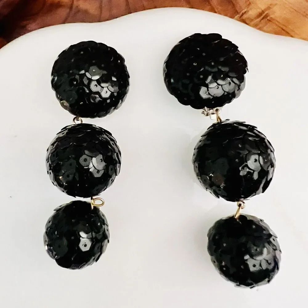 Vintage Huge Sequin Clip On Drop Statement Earrings Disco Black Runway Y2K 4600